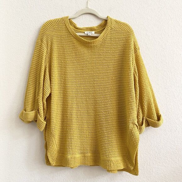Umgee Women’s Tunic Top Yellow Waffle Knit Cuffed Sleeve Boho Small - Picture 1 of 8